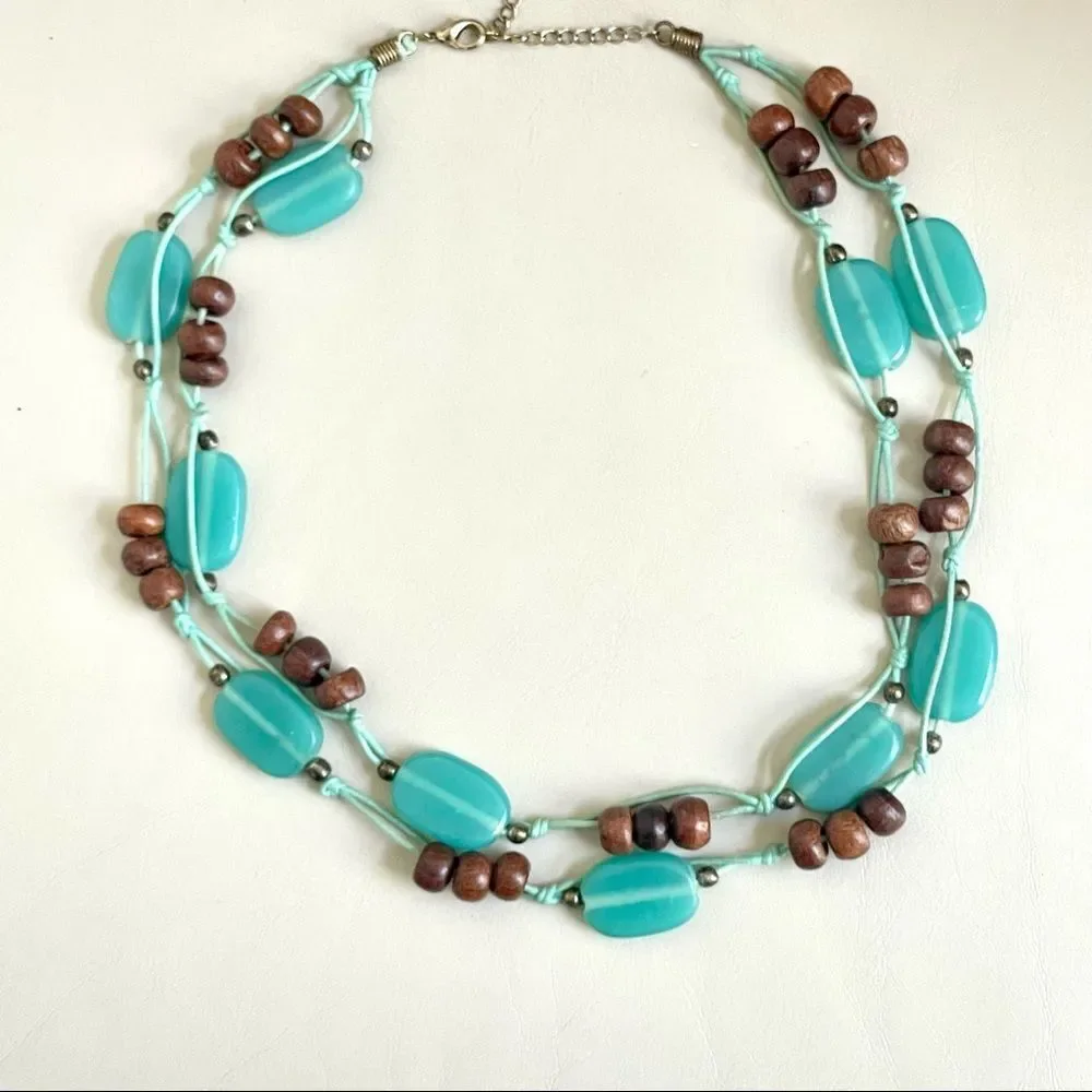 Blue and wood bead double strand necklace